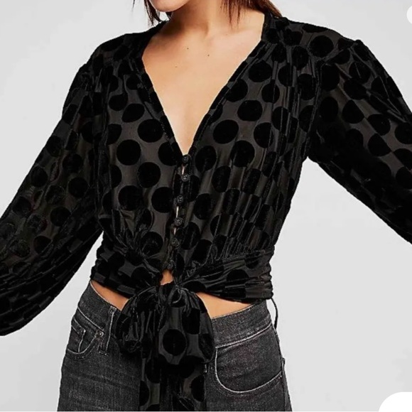 Free People Tops - Free People Black Dottie Top XS. Fits Larger. Velvet Dots on Sheer Fabric